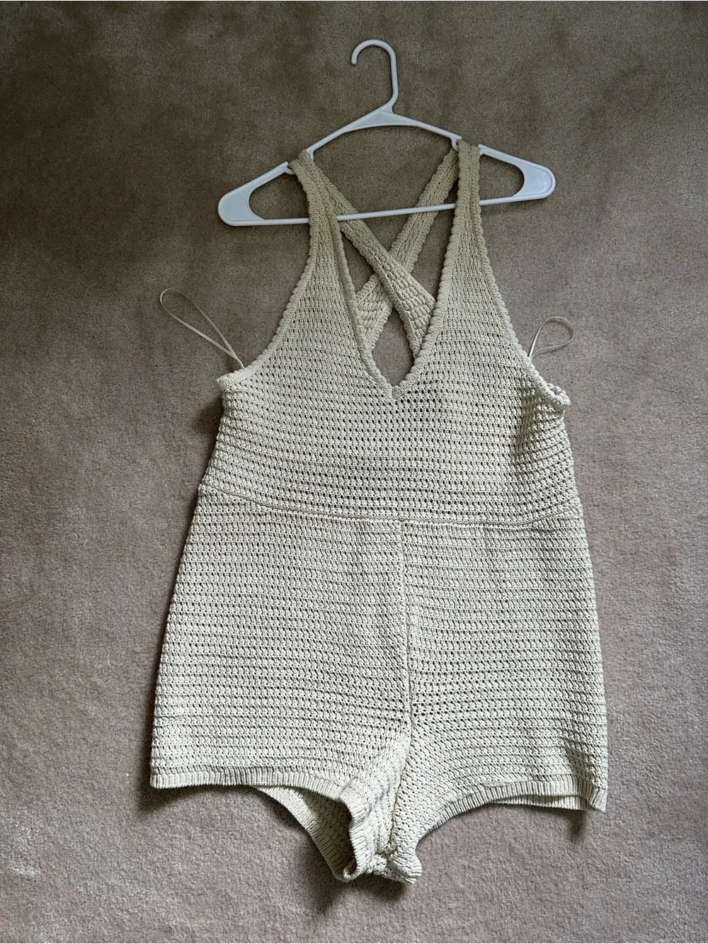 Free People Crochet Knit Romper - Cream Sleeveless V-Neck